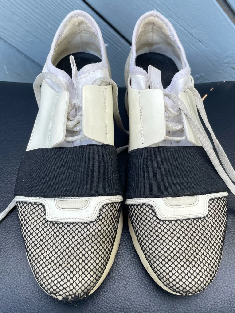 Balenciaga “Race Runner”Black and Cream Knit-Accent Lace-Up Sneakers size 37
